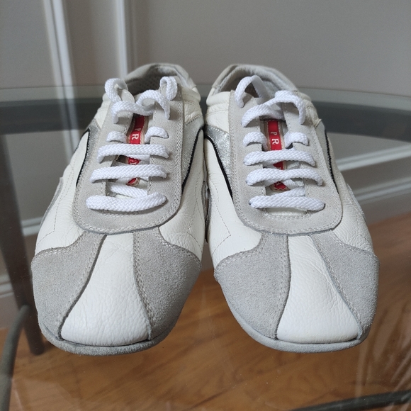 Prada Monte Carlo sneakers suede leather white silver grey women's 39 Fit 8.5 - Picture 6 of 12